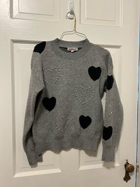 Nanette Lepore Gray Crewneck Sweater with Black Heart Appliqués